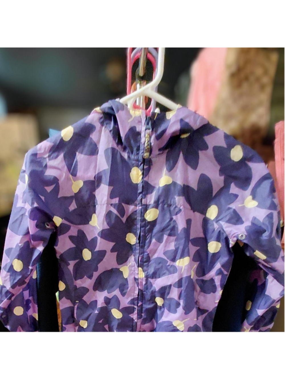 Lands' End Kids purple rain jacket with dark purple and yellow floral print, siz
